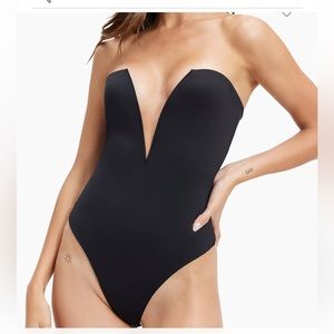 GOOD AMERICAN's bodysuit, scuba-knit strapless, plunging silhouette. Black, 2
